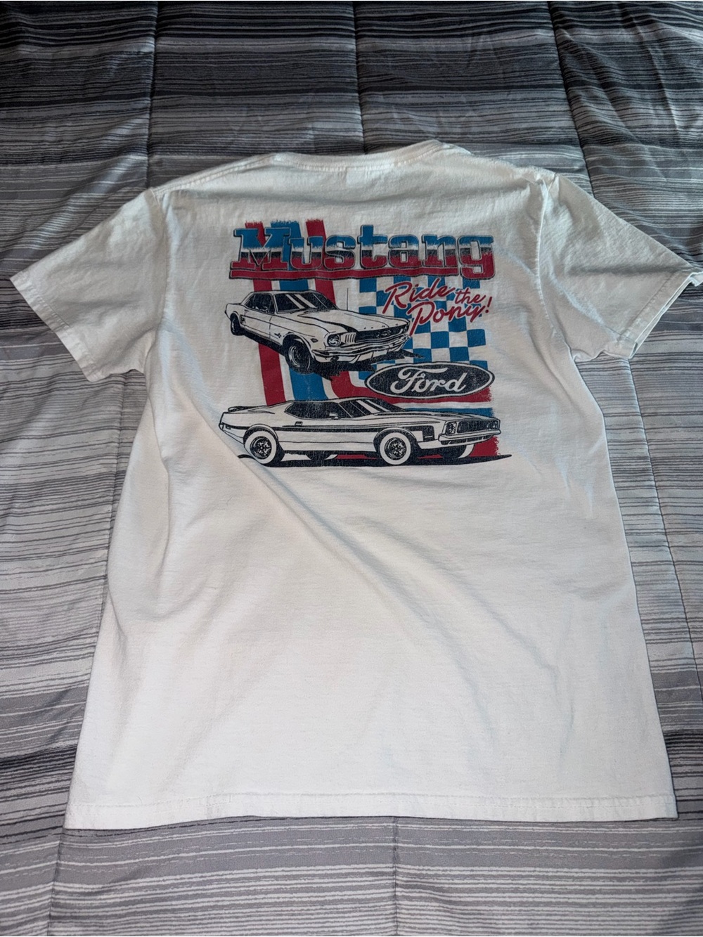Ford White Mustang Graphic Tee with Red & Blue Accents